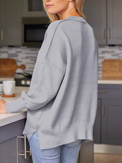 Slit Round Neck Dropped Shoulder Sweater