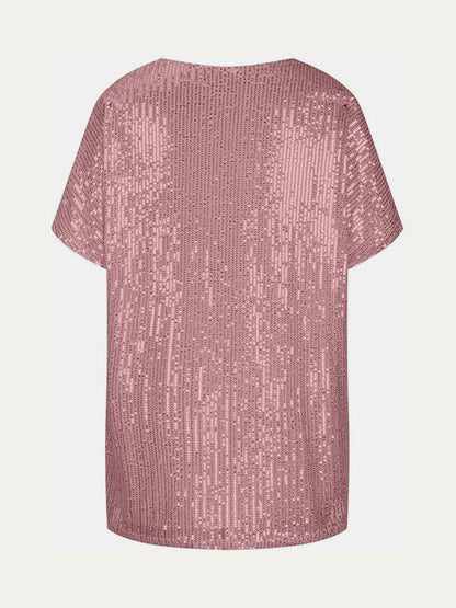 Full Size Sequin V-Neck Short Sleeve Top