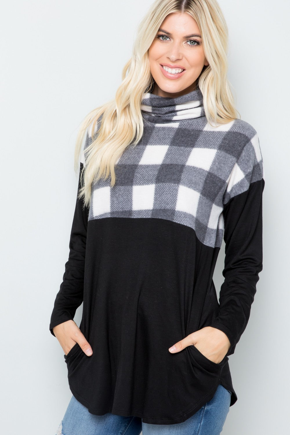 Celeste Full Szie Pocketed Plaid Turtleneck Long Sleeve Blouse