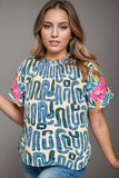 Plus Size Printed Mock Neck Short Sleeve Blouse