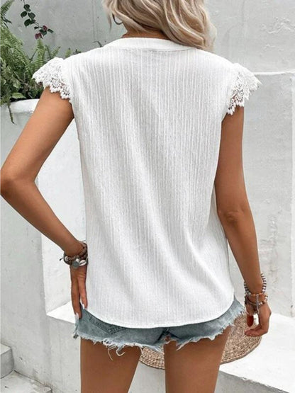 Lace Detail Notched Cap Sleeve Blouse