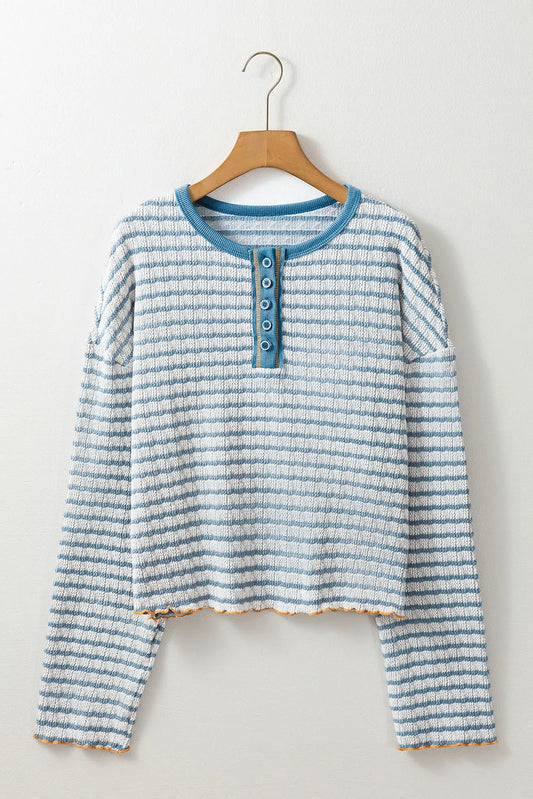 Striped Round Neck Dropped Shoulder Long Sleeve Top