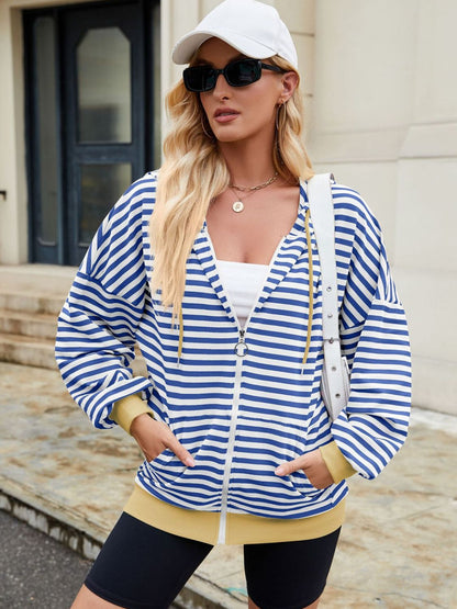 Drawstring Striped Zip Up Long Sleeve Hoodie