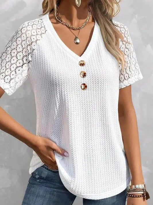 Waffle-Knit V-Neck Short Sleeve Top