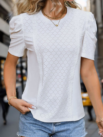 Eyelet Round Neck Short Sleeve T-Shirt