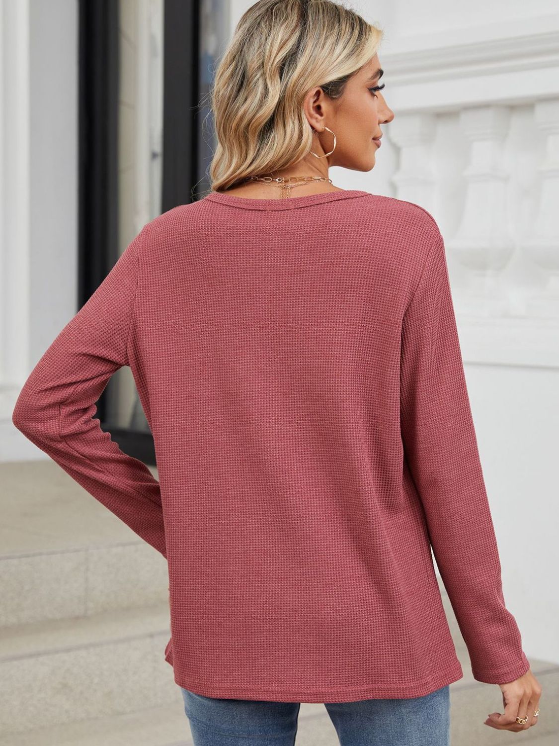 Waffle-Knit Notched Long Sleeve T-Shirt