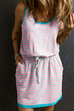 Drawstring Striped Scoop Neck Mini Tank Dress