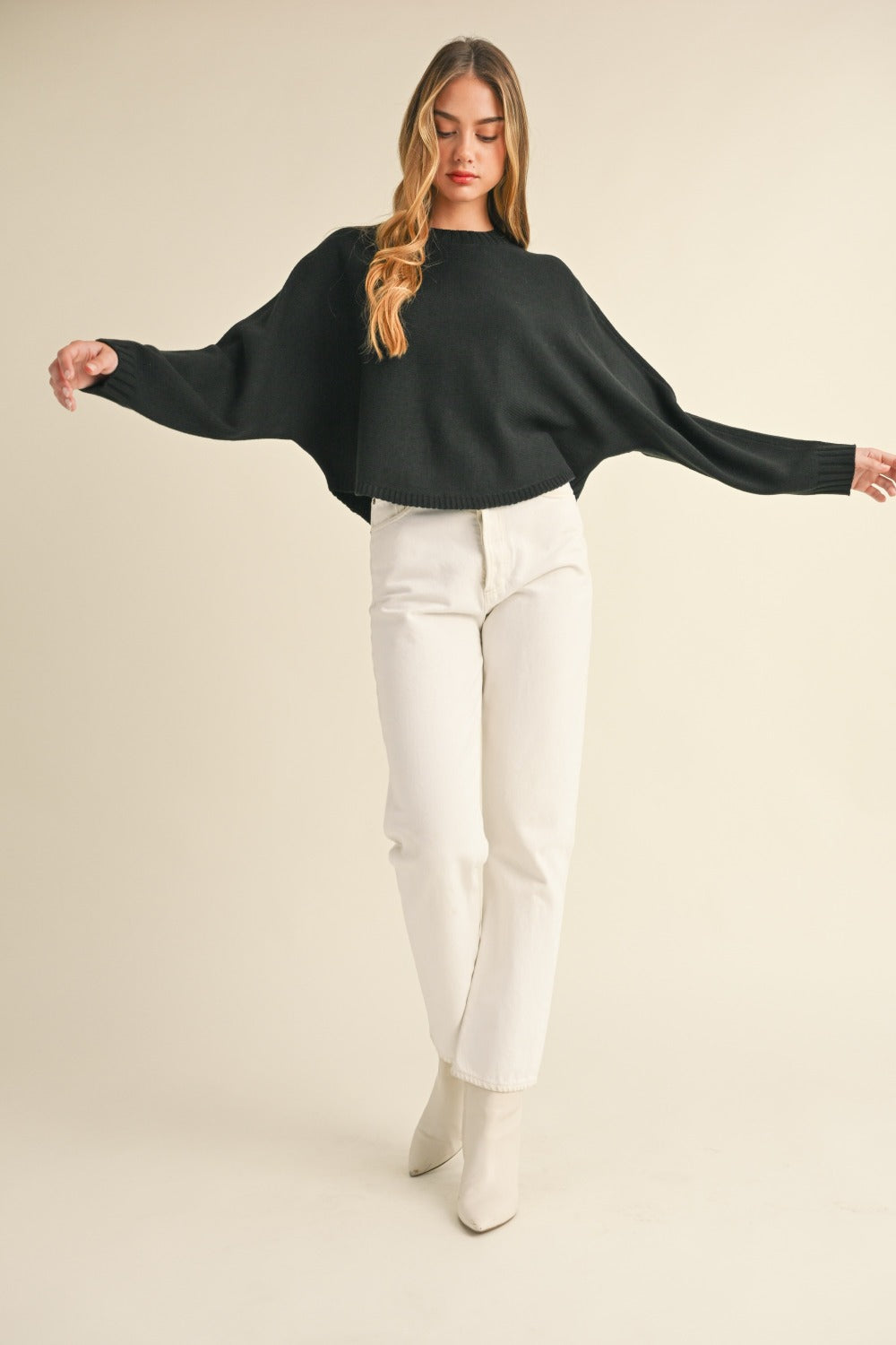 Mable Round Neck Dolman Sleeve Cropped Sweater