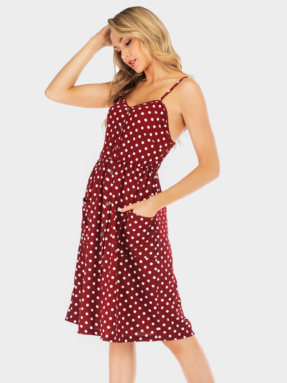 Perfee Polka Dot Sweetheart Neck Dress with Pockets