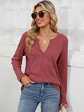 Waffle-Knit Notched Long Sleeve T-Shirt