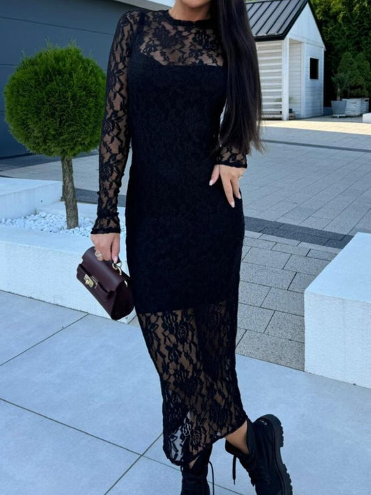 Lace Round Neck Long Sleeve Midi Dress