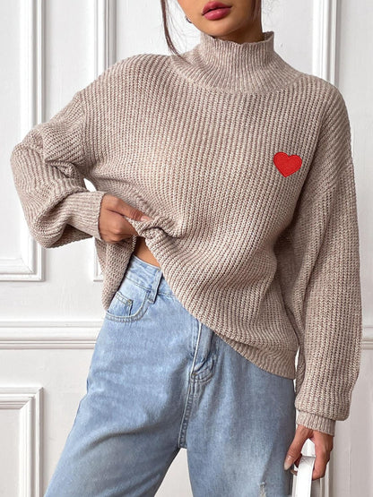 Heart Turtleneck Dropped Shoulder Long Sleeve Sweater