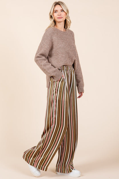 Mittoshop Striped Satin Elastic Waist Wide Leg Pants