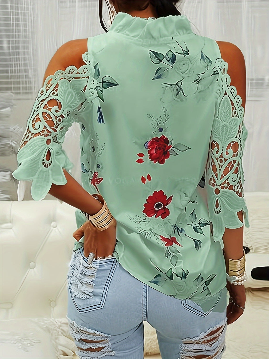 Full Size Lace Printed Half Sleeve Blouse