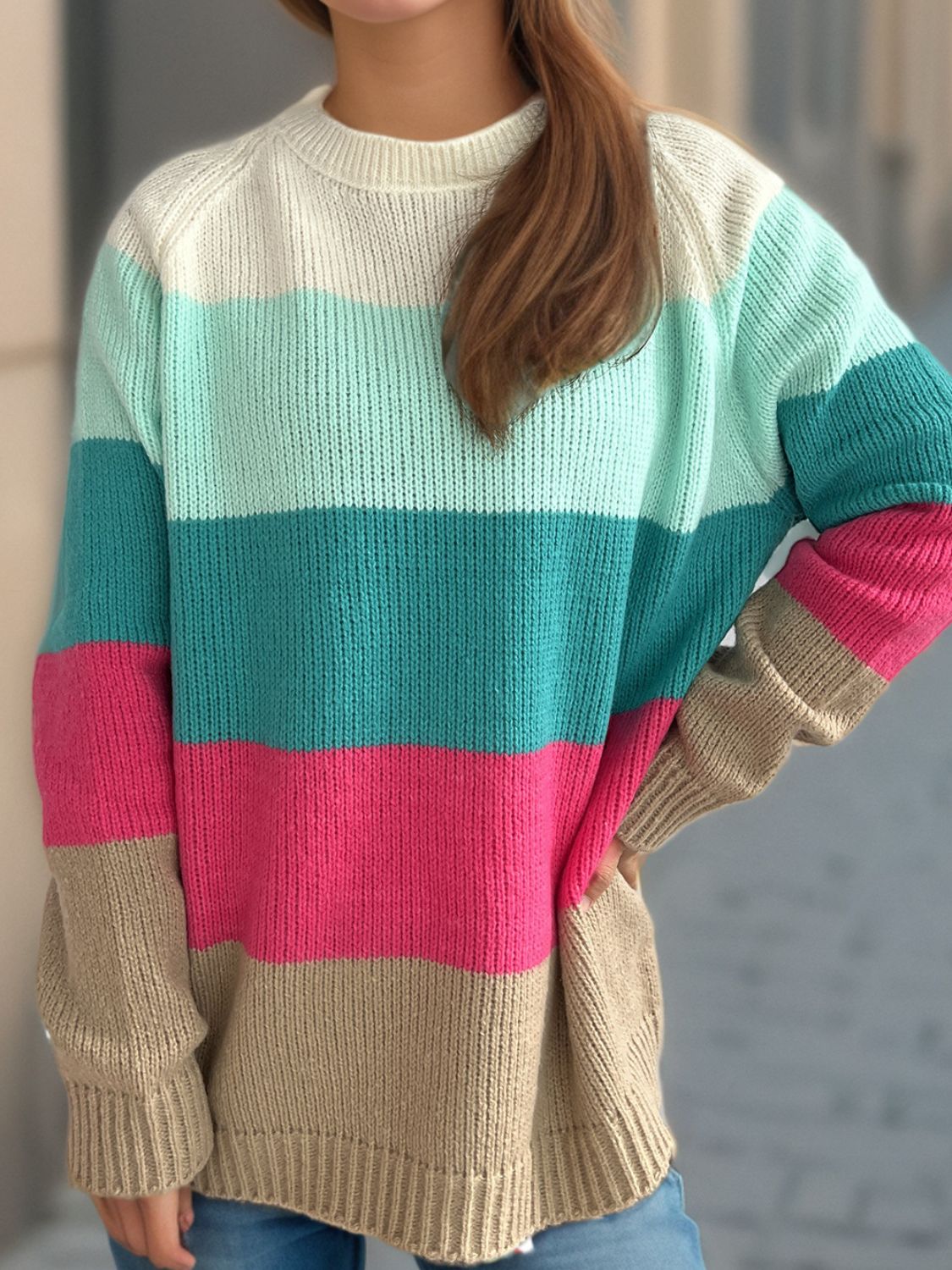 Color Block Round Neck Long Sleeve Sweater