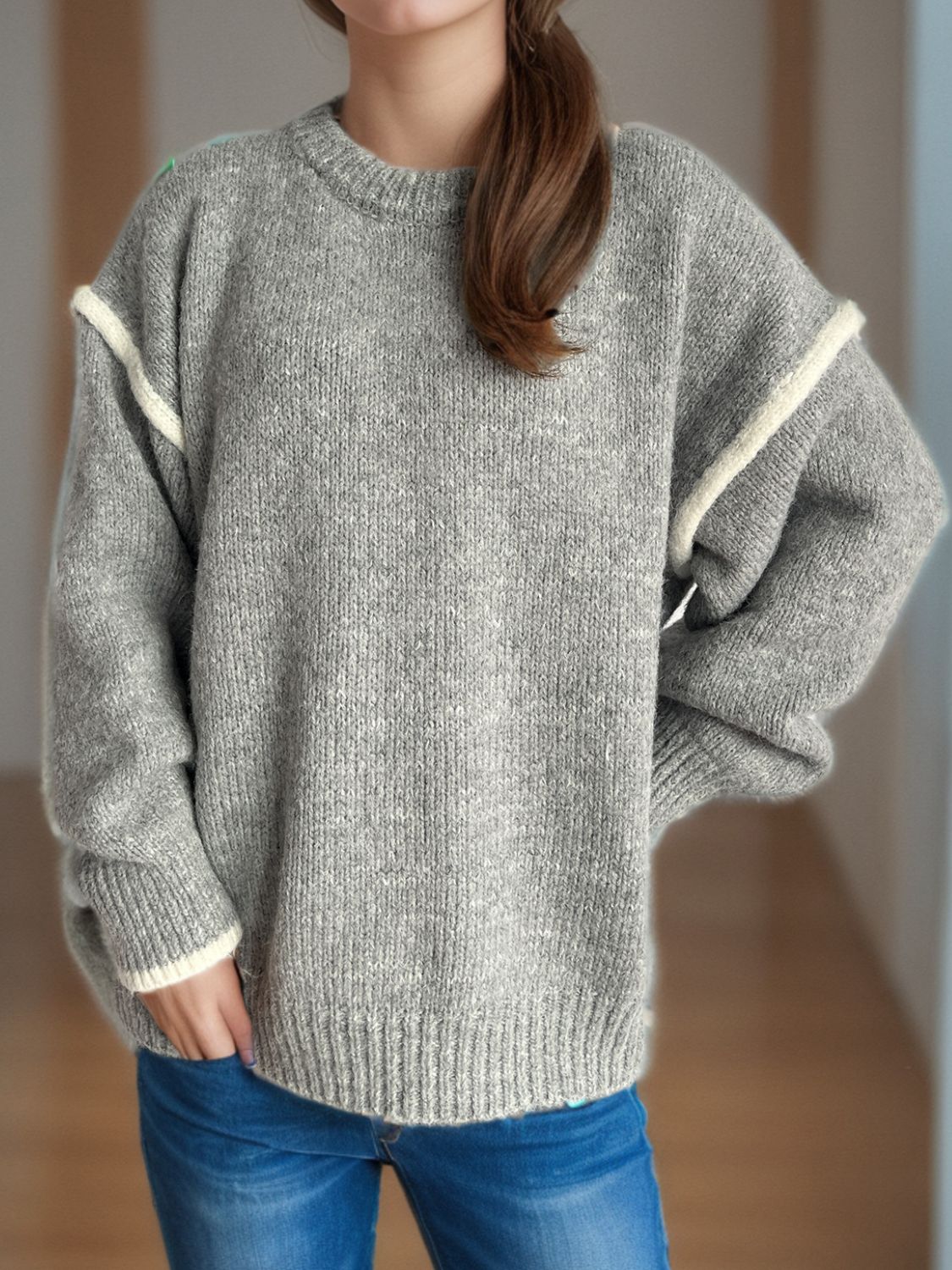 Contrast Trim Round Neck Dropped Shoulder Sweater