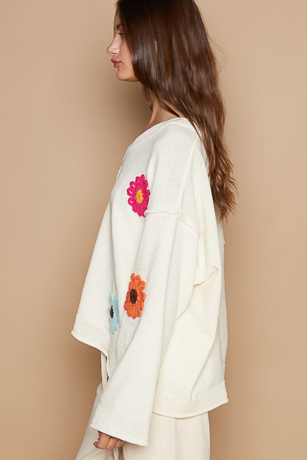 POL V-Neck Flower Patches Long Sleeve Sweater