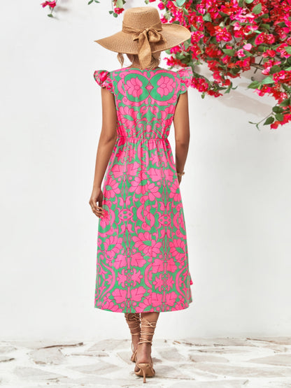 Printed V-Neck Cap Sleeve Dress