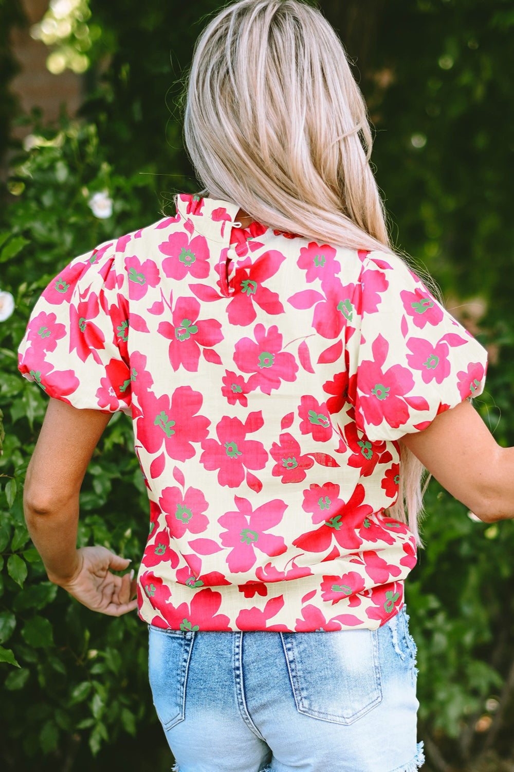 Printed Mock Neck Puff Sleeve Blouse