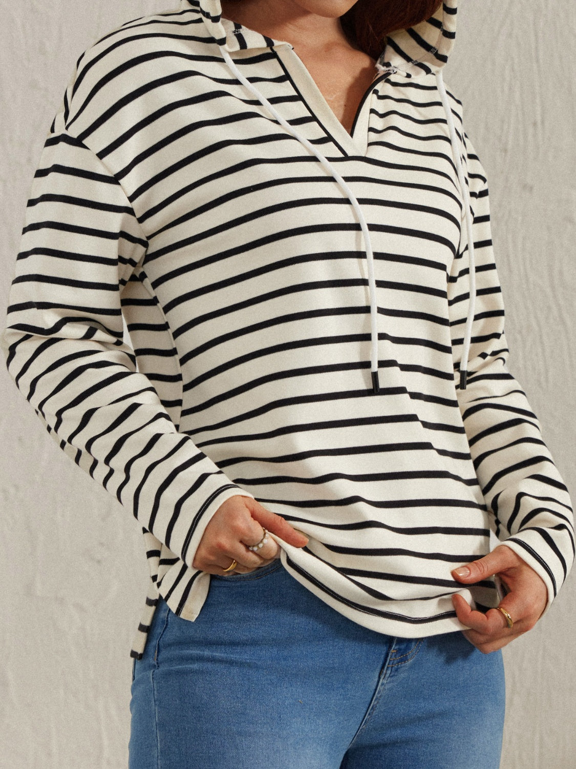 Drawstring Striped Long Sleeve Hoodie