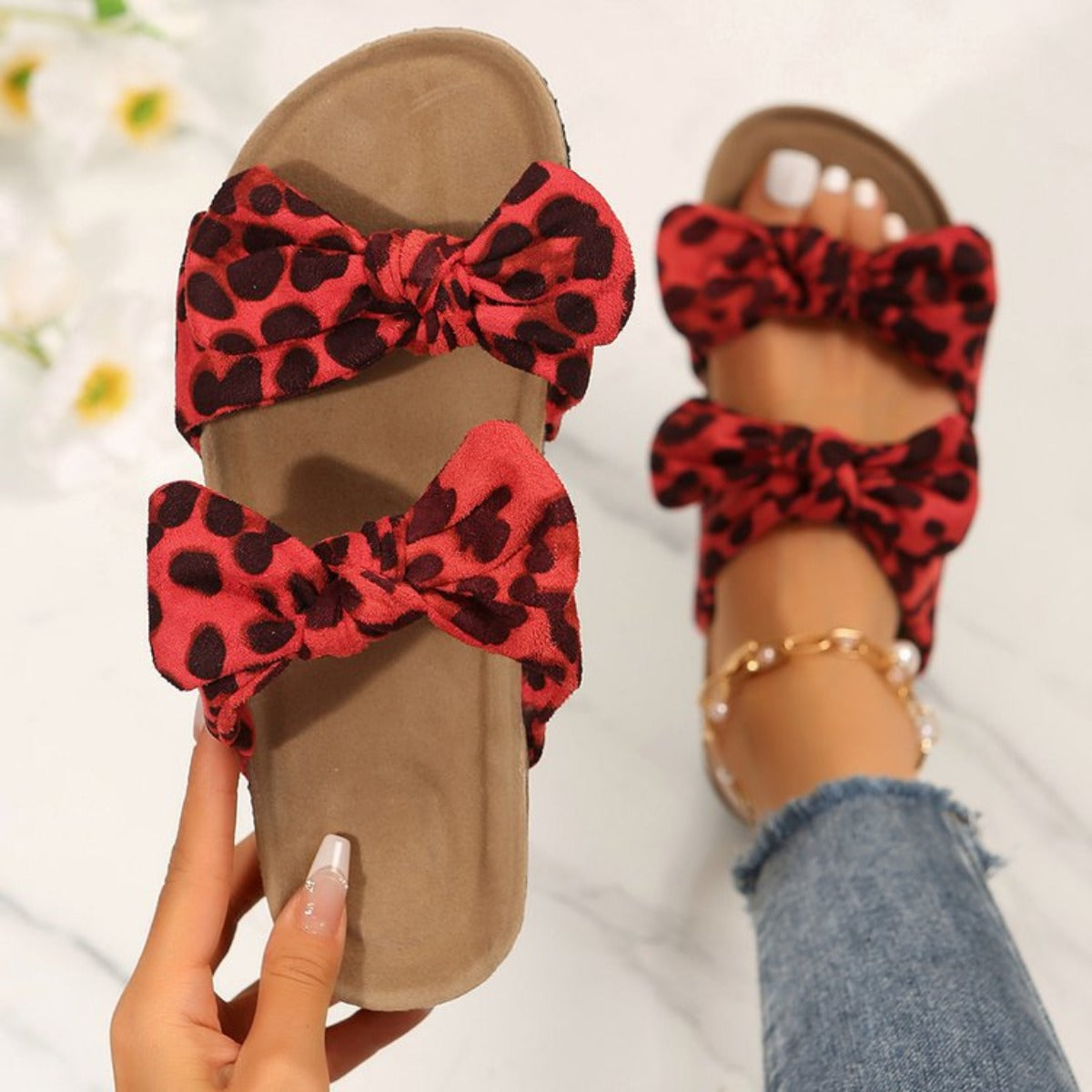 Leopard Double Bow Open Toe Sandals