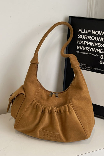 Ruched Suede Handbag with Zipper