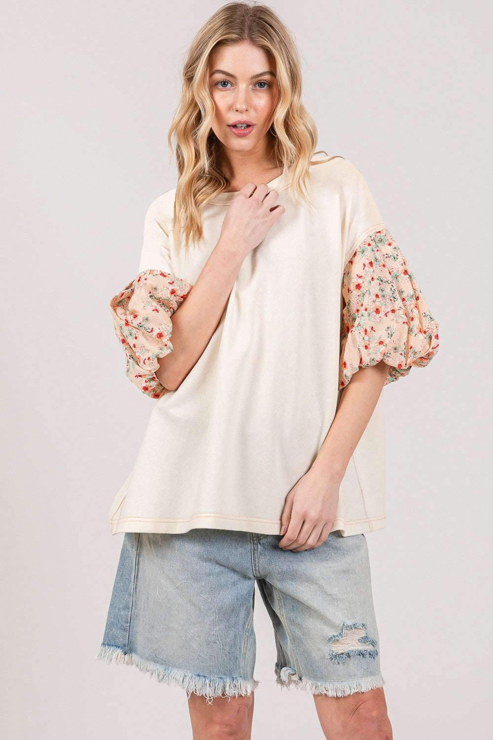 SAGE + FIG Round Neck Bubble Sleeve Oversize Top