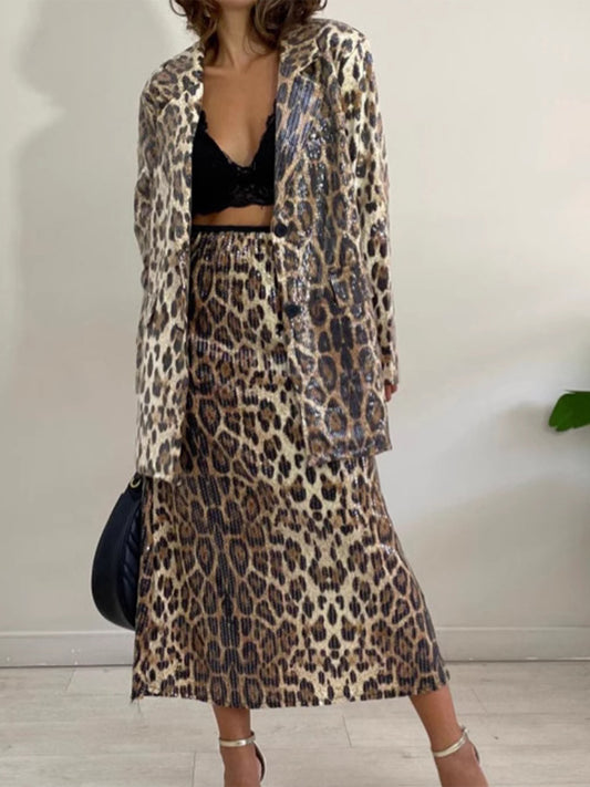 Leopard Lapel Collar Long Sleeve Longline Blazer