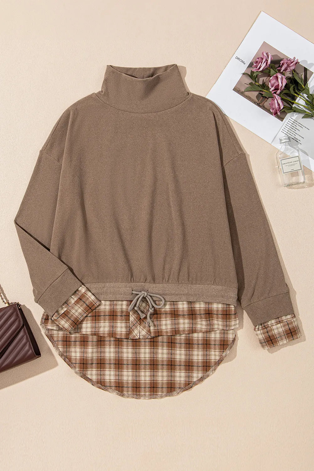 Drawstring Plaid Turtleneck Long Sleeve Top