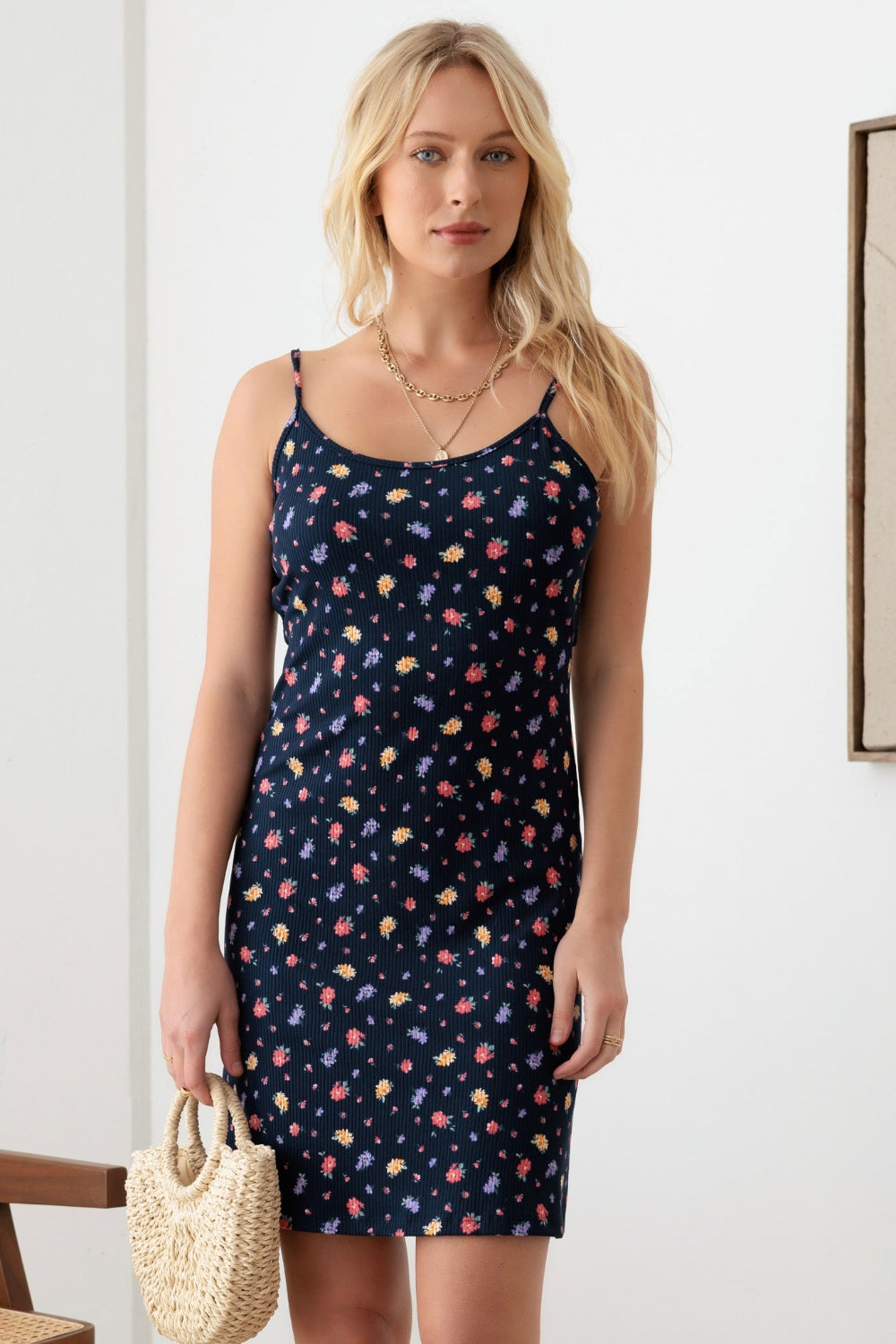 GILLI Floral Ribbed Tie-Back Cami Mini Dress