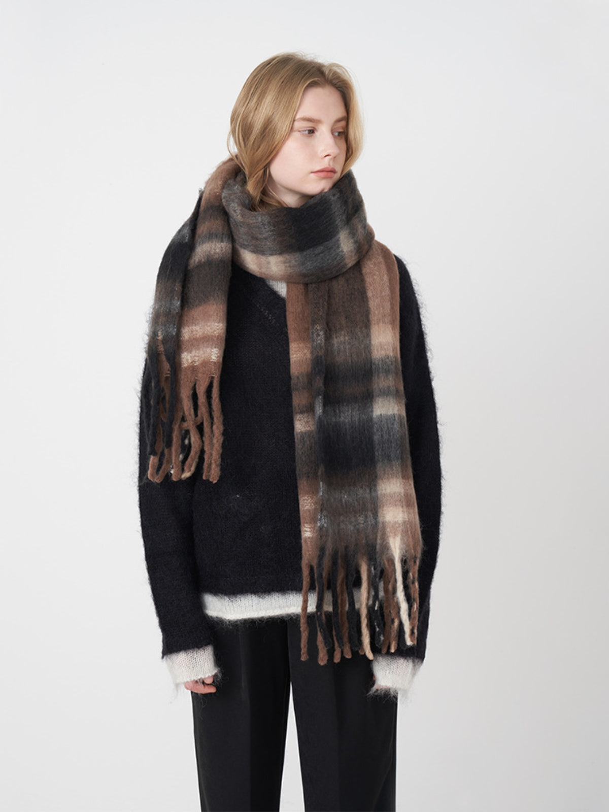 Fringe Plaid Polyester Scarf