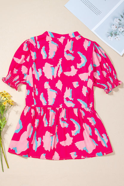 Peplum Printed Notched Short Sleeve Blouse