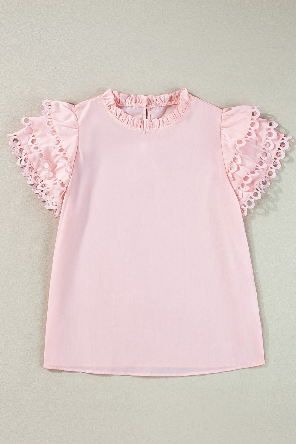 Ruffled Eyelet Round Neck Cap Sleeve Blouse