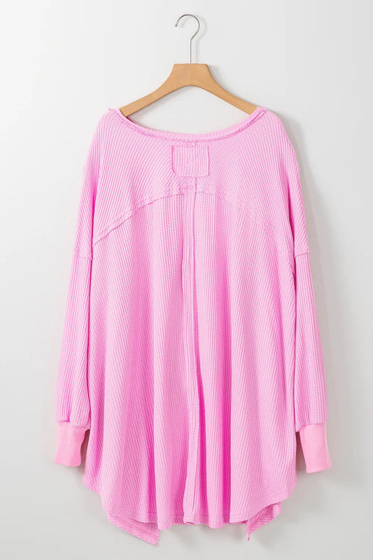 Waffle-Knit V-Neck Long Sleeve Blouse