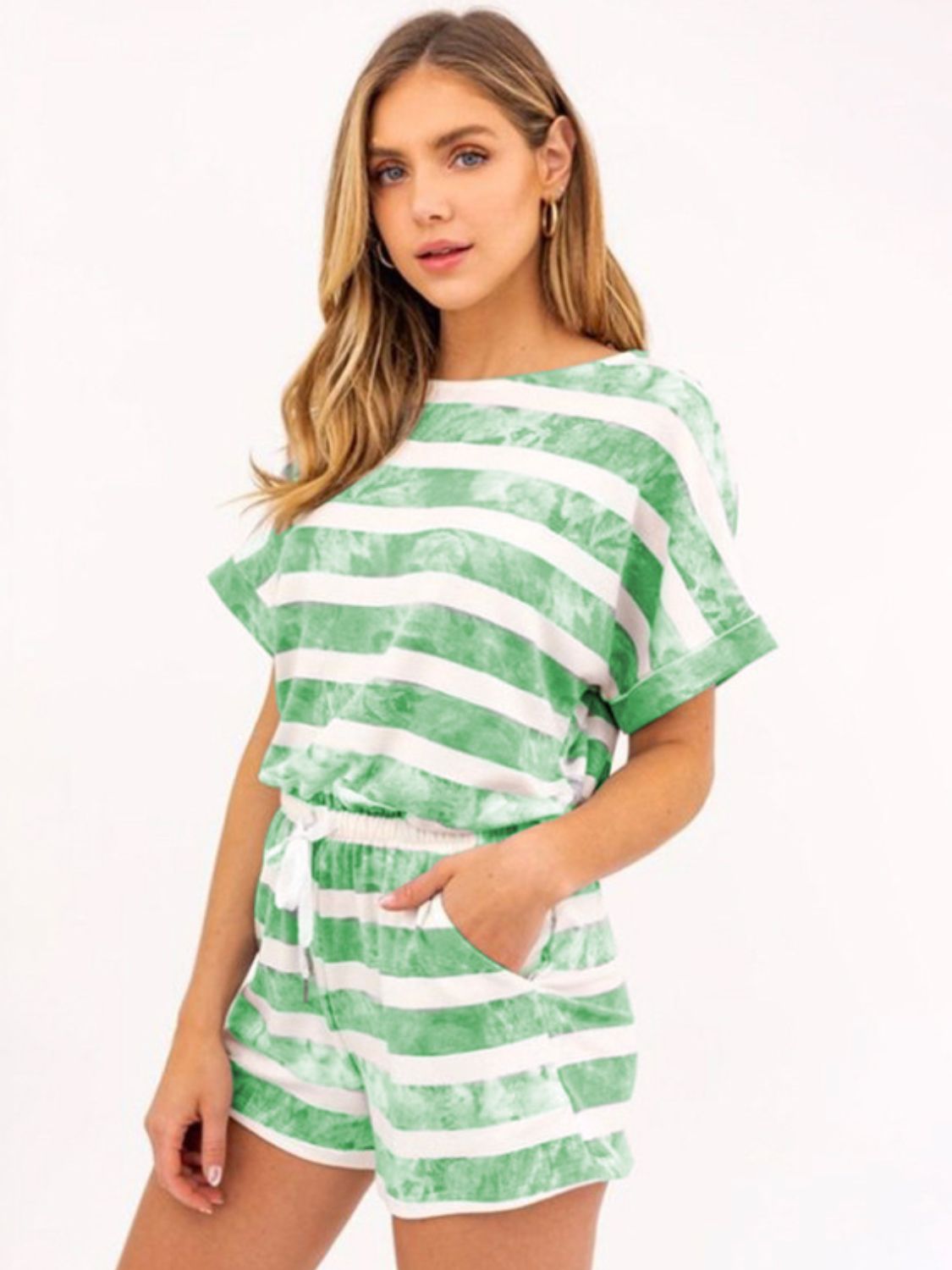 Striped Round Neck Top and Shorts Set