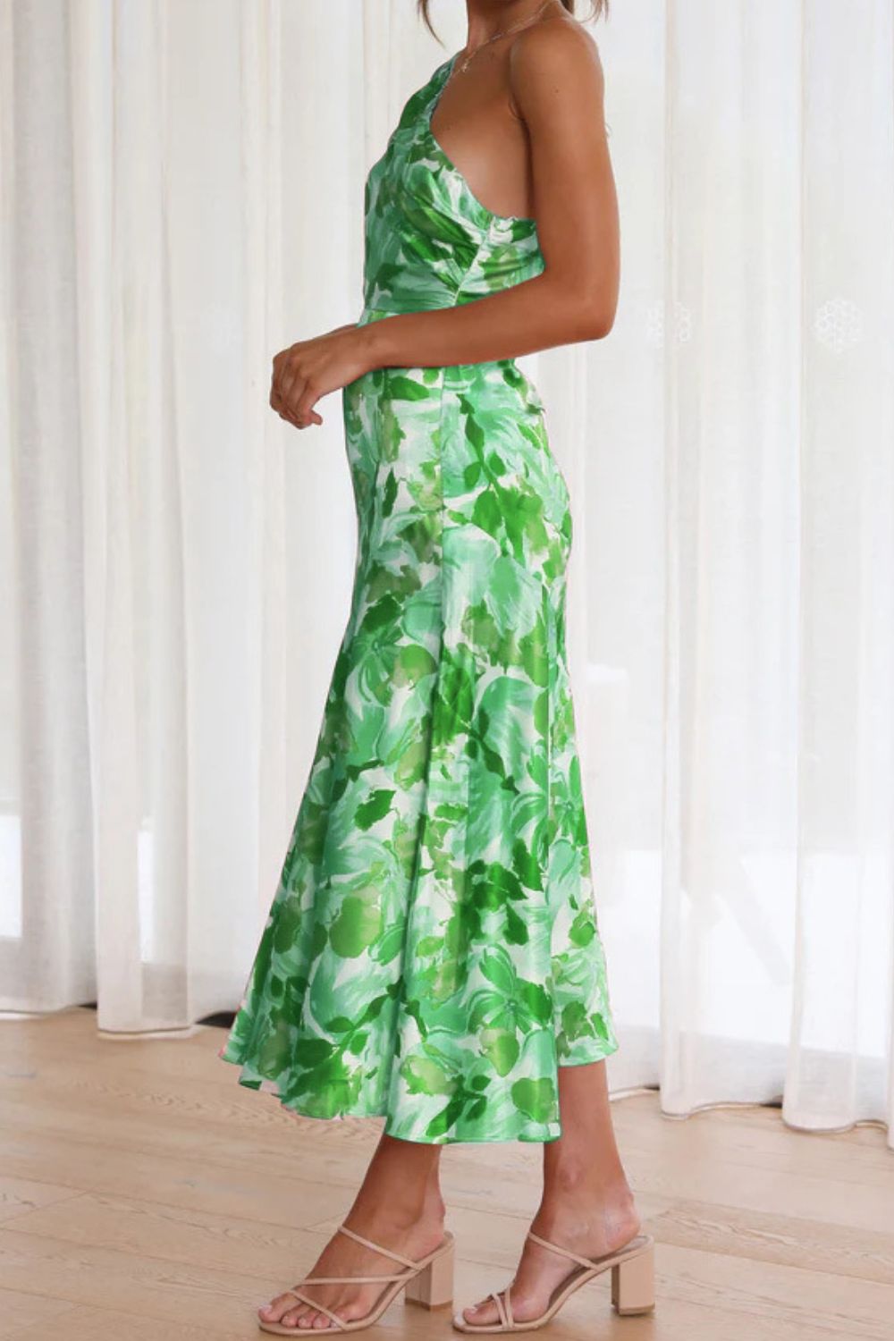 Ruched Printed Single Shoulder Midi Dress