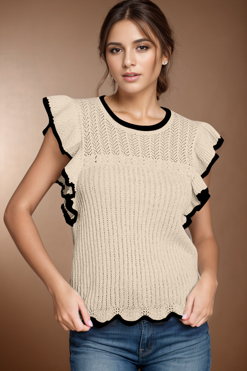 Ruffled Round Neck Cap Sleeve Knit Top