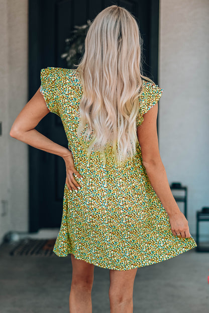 Ruffled Printed V-Neck Cap Sleeve Dress