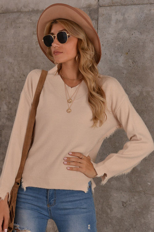 Frayed Trim V-Neck Sweater