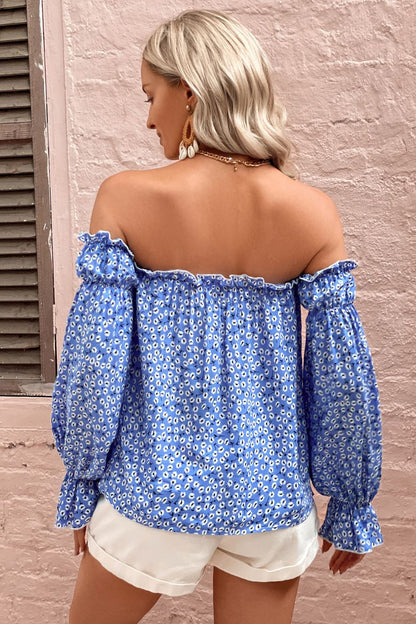 Off Shoulder Printed Frill Trim Blouse