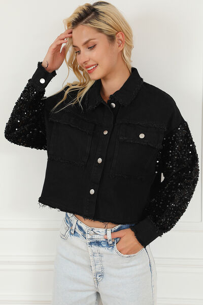 Sequin Button Up Raw Hem Denim Jacket