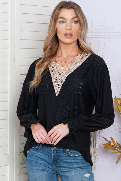 Eyelet V-Neck Flounce Sleeve Blouse