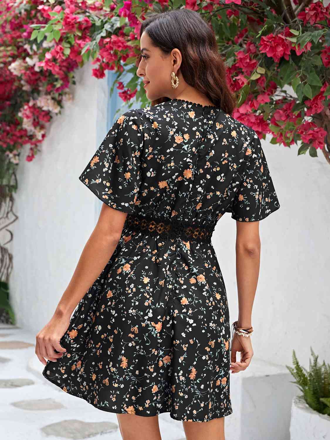 V Neck Flare Sleeve Floral Mini Dress