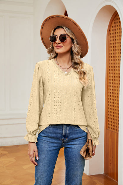 V-Neck Flounce Sleeve Blouse