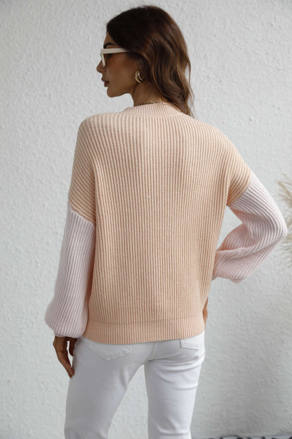 Two-Tone Rib-Knit Dropped Shoulder Sweater