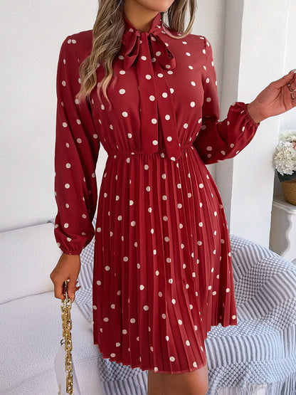 Polka Dot Tie Neck Pleated Dress