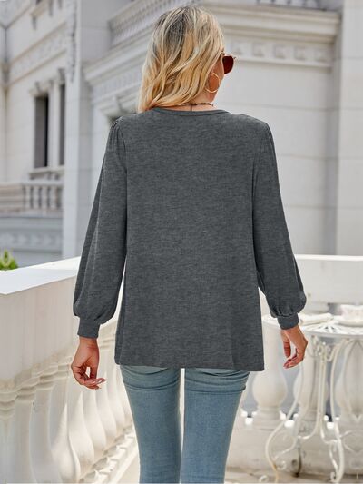 Heathered Round Neck Lantern Sleeve Blouse