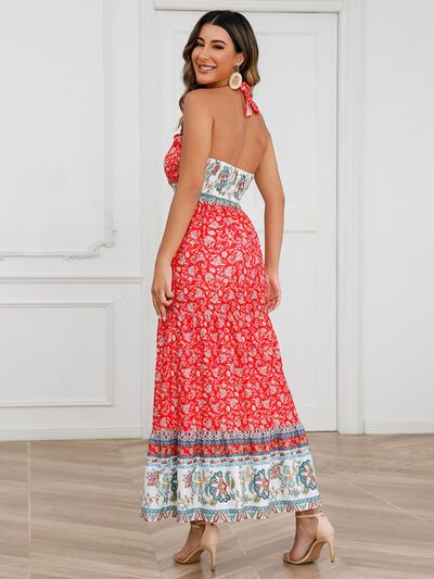 Smocked Printed Halter Neck Dress