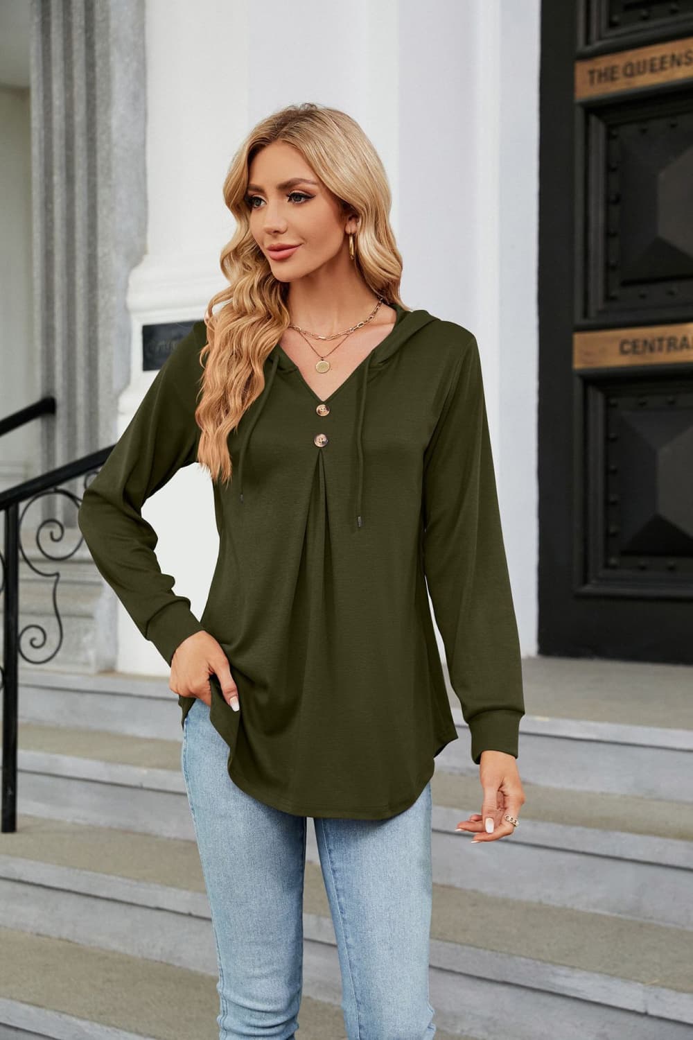 Long Sleeve Hooded Blouse