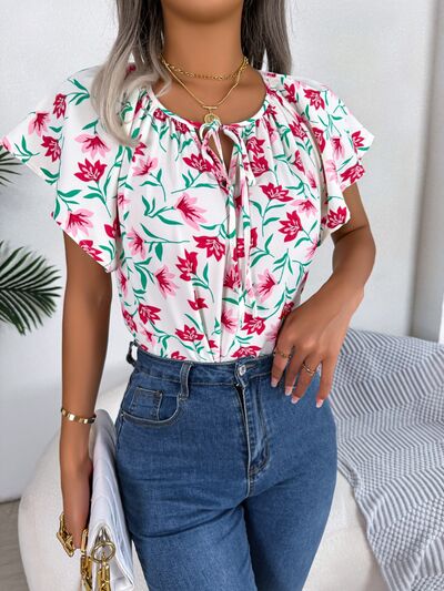 Floral Tie Neck Flutter Sleeve Blouse